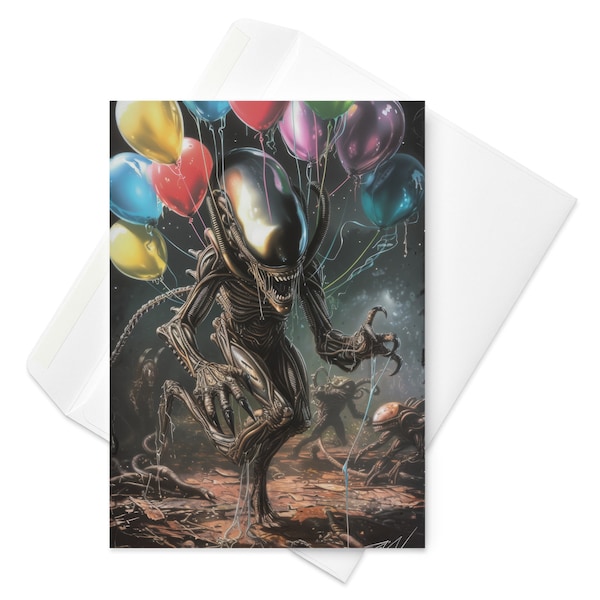 XenoLeap Surprise: Jumping Xenomorph with Balloons Birthday Card, Sci-Fi Thriller, Alien Encounter, Space Horror Party