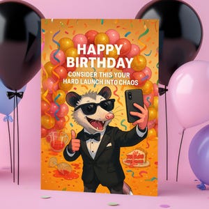 ChaosLaunch Opossum - Lustige Geburtstagskarte Parodie, Partylöwe, digitaler Download, Meme Vibes, druckbare A4 Karte