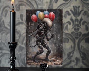 XenoCelebrate: Alien Encounter Birthday Bash - Xenomorph with Balloons Card, Sci-Fi Party, Extraterrestrial Birthday parody