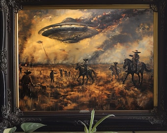 Frontier Encounter - LIMITED EDITION Gothic Art Print, Cowboys vs. Giant UFO, Hand-Drawn Sci-Fi Western Showdown, Extraterrestrial Duel