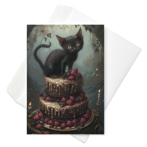 Pays des merveilles moustachus - carte d'anniversaire de chat gothique au sommet d'un gâteau massif, festin majestueux de félin, charme sombre, voeux de célébration énigmatique
