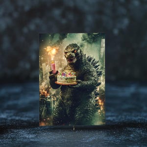 Olhar de Godzilla: Cartão de Aniversário Gótico - Monstro em Ruínas, Kaiju com Bolo, Celebração Épica