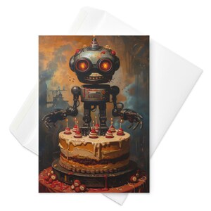 Robo-Rampage - petit robot maléfique au sommet d'une carte de gâteau d'anniversaire, célébration amusante de science-fiction, voeux d'anniversaire original, humour de fête futuriste