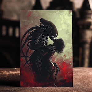 Amour étrange - Carte numérique extraterrestre romantique, Saint-Valentin d'horreur et de science-fiction, amour parodie sombre, carte JPG A4 bricolage imprimable pour coeurs audacieux