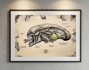 Xenomorph Anatomy Cutaway Art Print – Funny Sci-Fi Horror Alien Head Diagram – Creepy Wall Art Gift for Sci-Fi Fans, Nerds, or Horror Lovers