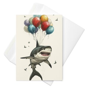 Jaws Inspired Skyward Journey: cartão de aniversário de tubarão e balões - aventura marítima cinematográfica, barbatanas flutuantes, celebração única