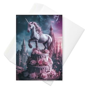 Licorne majestueuse rose - carte d'anniversaire gothique, licorne gracieuse avec la jambe vers le haut, élégance fantastique, voeux de célébration rose enchanté