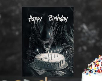 Alien Appetite Birthday Card - Xenomorph Devouring Cake, Gothic Sci-Fi Humor, Messy Party Fun parody