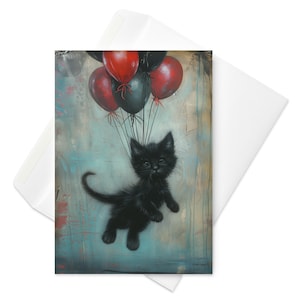 Bigodes góticos no alto: cartão de aniversário de gatinho flutuando com balões, fantasia sombria, gótico fofo, festa de animais