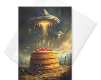 Galactic Glaze - UFO Hovering Over Massive Cake Birthday Card, Cosmic Confectionery, Alien Party Invasion, Space-Themed Birthday Greeting