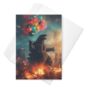 Godzilla's Balloon Fiesta: Colorful Celebration Birthday Card - Monster's Joyful Hold, Urban Fun, Vibrant Greetings