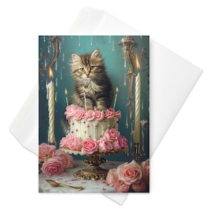 Celebração Purrfect - Cartão de aniversário de gatinho fofo, gato adorável no bolo, saudação caprichosa, delícia de amante de animais, desejo de aniversário encantador