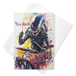 Alien Drum Solo – Divertente biglietto "You Rock", batterista Xenomorfo, regalo per gli amanti della musica fantascientifica, parodia di saluti Heavy Metal