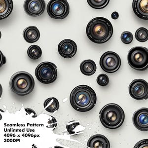 May include: A seamless pattern featuring a repeating design of black camera lenses on a white background. The lenses are arranged in a random pattern and are all in focus. The background is a solid white color. The pattern is perfect for use in a variety of design projects, such as website backgrounds, social media graphics, and printed materials.