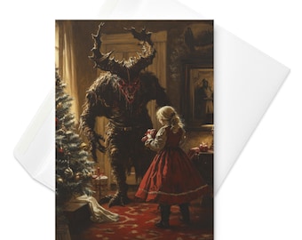 Könnte beinhalten: Grußkarte mit einer düsteren Fantasy-Illustration einer gehörnten Kreatur und einem Mädchen in einem roten Kleid. Die Szene spielt in einem Raum mit Weihnachtsbaum und Geschenken und erinnert an das Krampus-Thema.
