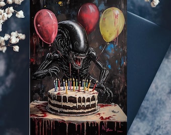 May include: A black alien creature with a toothy grin stands over a chocolate cake with lit candles. The cake is on a table with red dripping liquid. Three balloons are in the background, two red and one yellow.