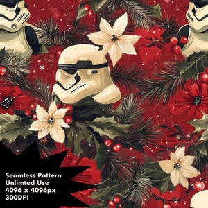May include: A seamless pattern featuring white stormtrooper helmets, red poinsettia flowers, white flowers, green pine branches, and red berries on a red background.