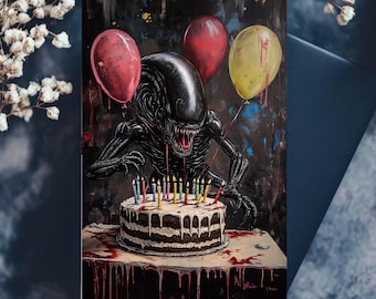 Carte d&#39;anniversaire extraterrestre xénomorphe, thème horreur gothique avec ballons, carte de voeux unique d&#39;art sombre, parodie de carte de fête d&#39;anniversaire horreur science-fiction