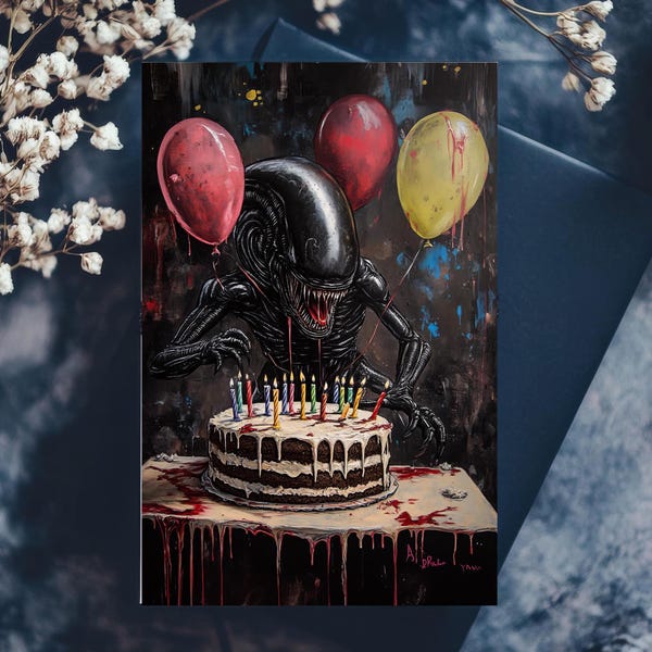 Xenomorph Alien Birthday Card Gothic Horror Theme with Balloons, Unique Dark Art Greeting Card, Sci-Fi Horror Birthday Party Card parody