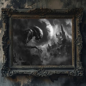 Gothic Xenomorph Kunstdruck, Alien Schloss Belagerungsszene, Sci-Fi Horror Wandkunst, Gothic Dekor, Dark Fantasy Alien Kunstwerk LIMITED EDITION