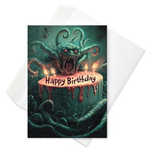Eldritch Feier - Gothic Lovecraftian Geburtstagskarte | Tentakel Monster & Kuchen | Lustiger Cosmic Horror Gruß | Gruseliges Geburtstags-fu