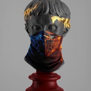 May include: A black plaster bust of a person wearing a blue and orange patterned face mask. The bust is on a red pedestal. The bust has gold paint splattered on it.