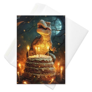 Tarjeta de cumpleaños de encuentro con pastel colosal - T-Rex y pastel de cumpleaños gigante, delicia de dinosaurio, celebración dulce, diversión para todos