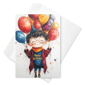 WizKid Wishes – Cartão de aniversário mágico para crianças | Wizard Boy | Balões | Arte de fantasia divertida | Tema de festa caprichoso