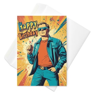 Rétro cool - carte d'anniversaire vintage de style bande dessinée, voeux amusants de style pop art, esthétique audacieuse des années 80, cadeau d'anniversaire unique