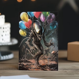 Alien Party Popper – Xenomorph Geburtstagskarte, Horror Parodie Luftballons, digitaler Download, printable DIY