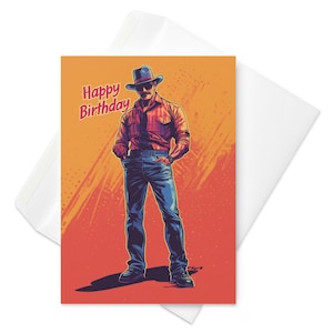 Cool et collectionné - carte d'anniversaire cow-boy rétro, pop art occidental vintage, voeux élégant et audacieux