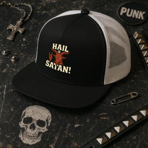 Infernal Horns – Hail Satan Trucker Hat | Goat Head, Metal, Occult, Devil, Rock, Parody, Edgy, Alternative Cap