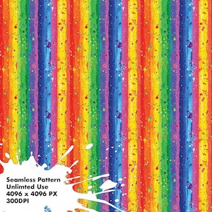 May include: Seamless pattern with colorful stripes in a rainbow color scheme. The stripes are painted with a watercolor effect and have white paint splatters on them. The pattern is 4096 x 4096 pixels and 300 DPI.