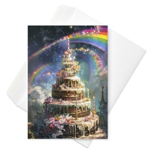 Delicia colosal del arco iris: tarjeta de cumpleaños gótica, pastel enorme con arco iris, celebración épica, saludo de fantasía caprichosa