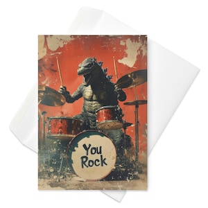 Monster Beats – Carte « You Rock » amusante, batteur de Godzilla, voeux de musique épique, parodie cadeau rock & roll