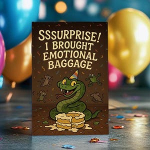 Confete de Sangue Frio – Cartão de Aniversário Engraçado de Cobra, Paródia, Bagagem Emocional, Humor Animal, Réptil Peculiar
