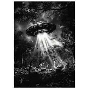 UFO Woodland Art Print - Black and White, Alien Encounter, Museum-Quality Paper, Sci-Fi Landscape, Extraterrestrial, LIMITED EDITION A1 (59.4 x 84.1  cm)