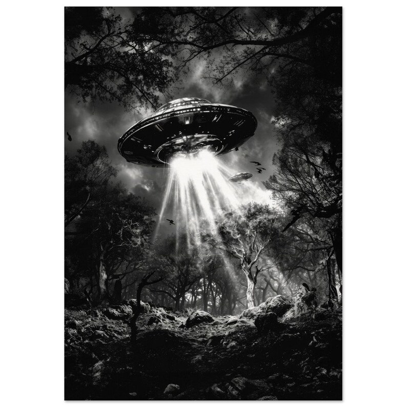 UFO Woodland Art Print - Black and White, Alien Encounter, Museum-Quality Paper, Sci-Fi Landscape, Extraterrestrial, LIMITED EDITION A1 (59.4 x 84.1  cm)
