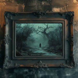 May include: A framed painting depicting a mysterious figure in a dark forest. The figure is standing in the middle of a path, surrounded by tall trees and mist. The painting is set in a dark, antique frame.