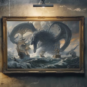 La ira del Leviatán - EDICIÓN LIMITADA Impresión de arte gótico, batalla naval épica con monstruo gigante, horror marítimo dibujado a mano, epopeya oceánica única