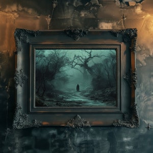 May include: A framed painting depicting a dark, misty forest path with a solitary figure walking in the distance. The frame is black with ornate detailing.