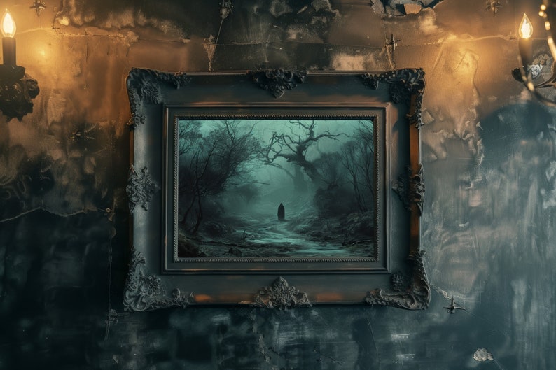 May include: A framed painting depicting a dark, misty forest path with a solitary figure walking in the distance. The frame is black with ornate detailing.