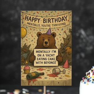 Mentalmente en yate: divertida parodia de tarjeta de cumpleaños, paisaje onírico de Beyoncé, colapso de oso, tarjeta de felicitación física
