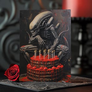 Xenomorph Cake Invasion - Cartão de aniversário de terror e ficção científica, festa surpresa com tema alienígena, paródia de celebração extraterrestre