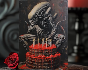 Xenomorph Cake Invasion - Sci-Fi Horror Birthday Card, Alien-Themed Party Surprise, Extraterrestrial Celebration parody