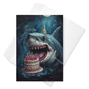 Surpresa de tubarão - cartão de aniversário inspirado em mandíbulas góticas, ataque divertido de bolo de tubarão, saudação exclusiva de predador do oceano, celebração humorística