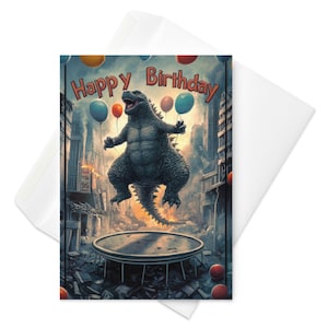 Geburtstagskarte mit Godzilla Karte - Trampolin Spaß, Ballons & Stadtzerstörun, Gothic Kaiju Party