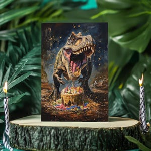 Jamboree jurassique - carte d'anniversaire gothique T-Rex, gâteau désordonné, délice de dinosaure, voeux de fête préhistorique unique
