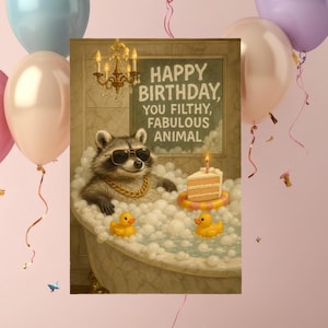 Filthy Fabulous – Divertente parodia di biglietti di auguri di compleanno, Raccoon Glam Edition, Bubble Bath Luxe, biglietto d'auguri fisico