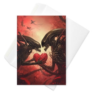 Xenomorfi con biglietto di San Valentino a forma di cuore - Parodia ispirata alla fantascienza, unica e romantica
